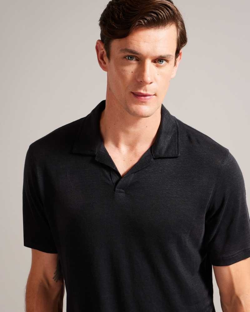 Black Ted Baker Lingpo Short Sleeve Linen Open Neck Polo Shirt | ZA0000909