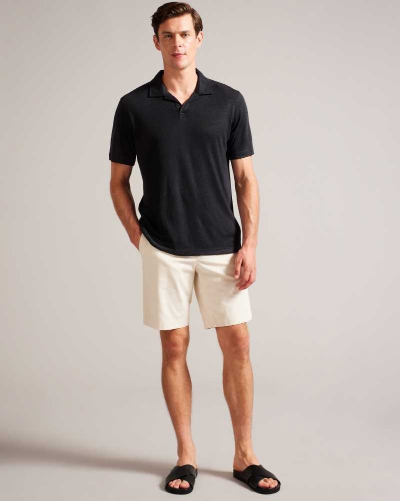 Black Ted Baker Lingpo Short Sleeve Linen Open Neck Polo Shirt | ZA0000909