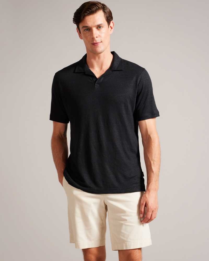 Black Ted Baker Lingpo Short Sleeve Linen Open Neck Polo Shirt | ZA0000909