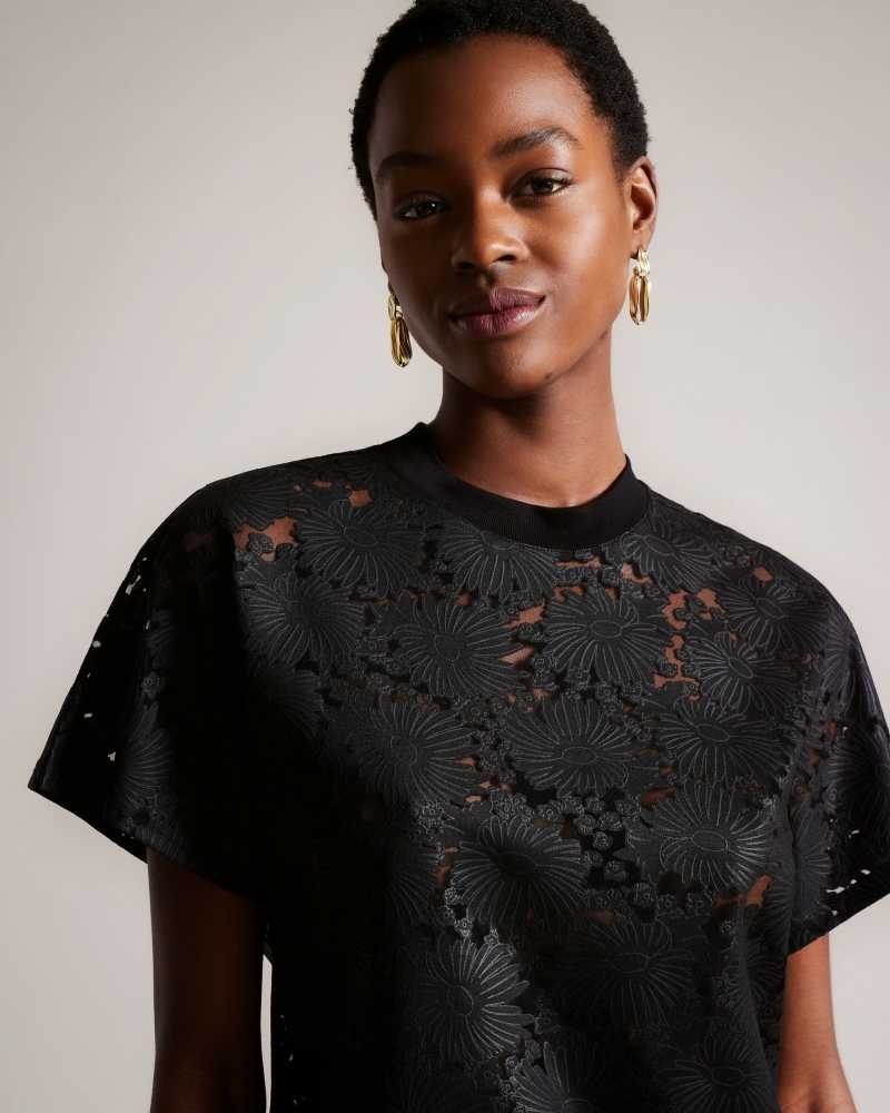 Black Ted Baker Maralo Floral Lace Relaxed T-Shirt | ZA0001239