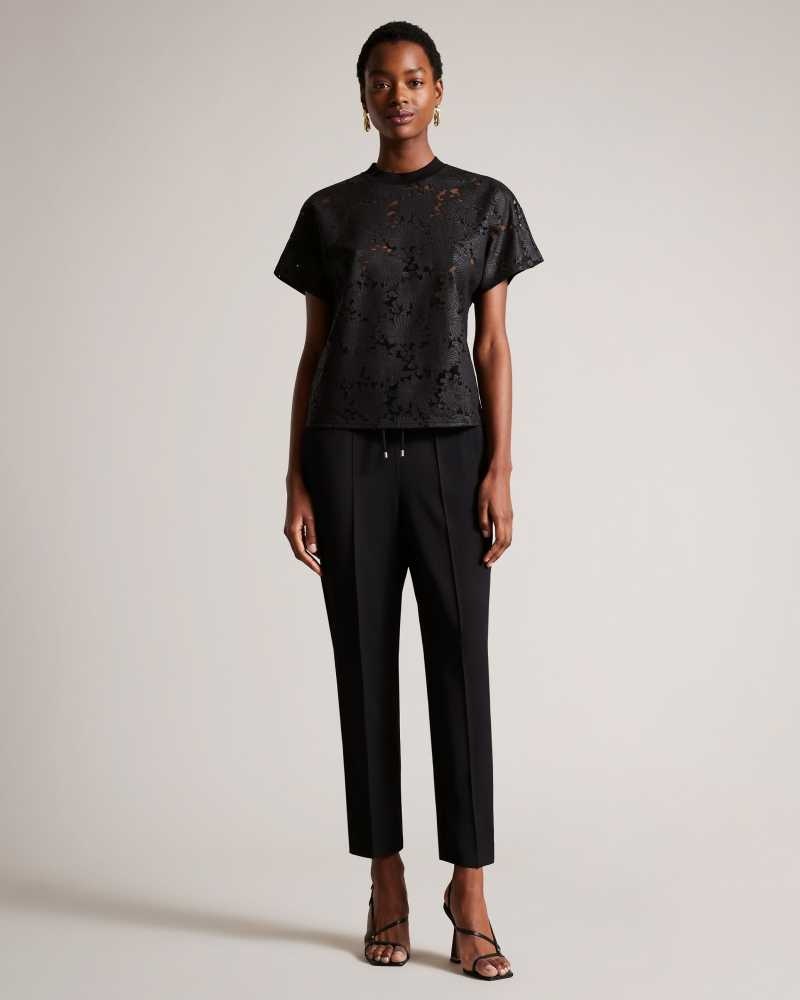 Black Ted Baker Maralo Floral Lace Relaxed T-Shirt | ZA0001239