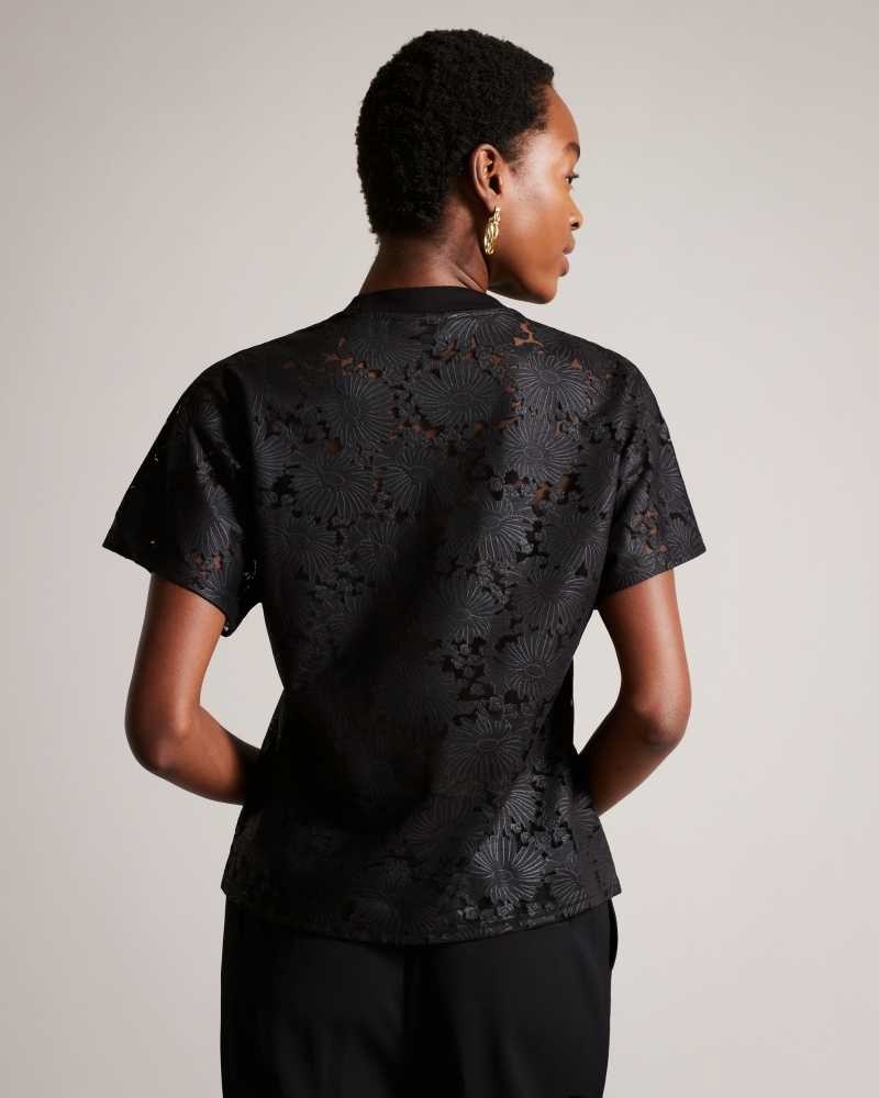 Black Ted Baker Maralo Floral Lace Relaxed T-Shirt | ZA0001239