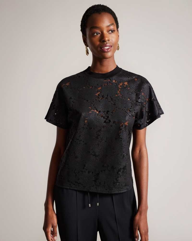 Black Ted Baker Maralo Floral Lace Relaxed T-Shirt | ZA0001239