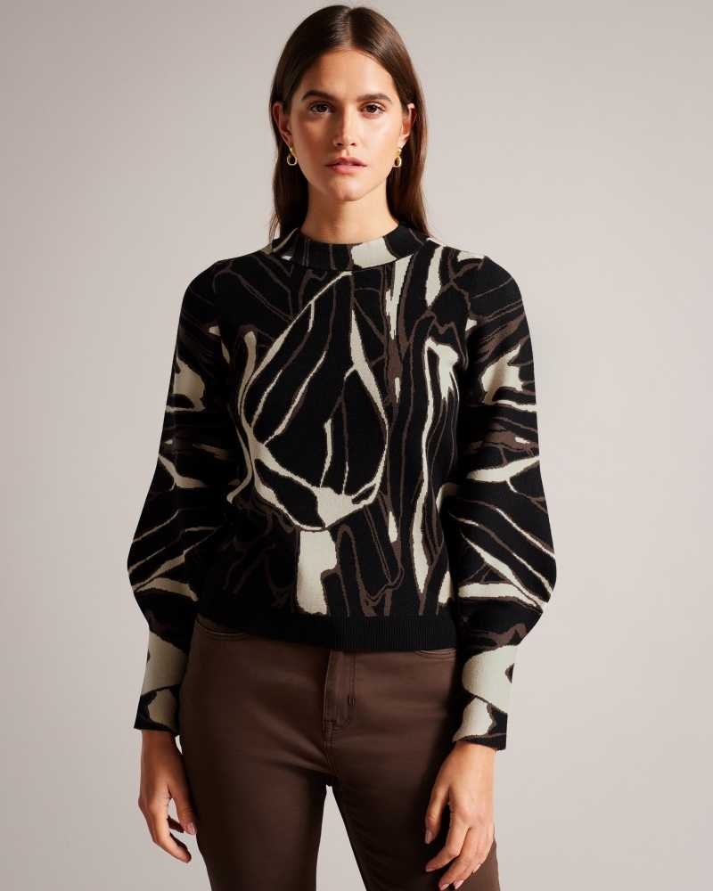 Black Ted Baker Marelia Abstract Jumper With Puff Sleeve | ZA0000714