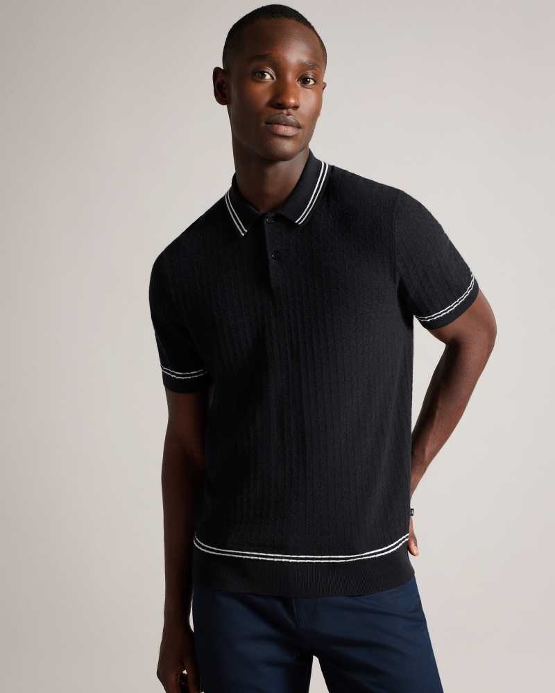 Black Ted Baker Maytain Short Sleeve Textured Polo Shirt | ZA0000911