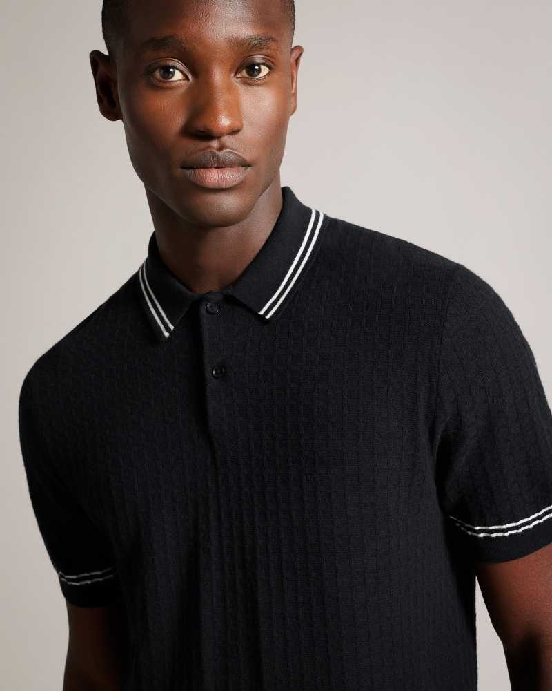 Black Ted Baker Maytain Short Sleeve Textured Polo Shirt | ZA0000911