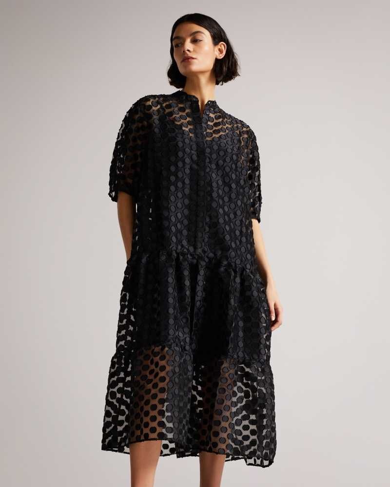 Black Ted Baker Nelanie Oversized Shirt Dress with Puff Sleeve | ZA0000133