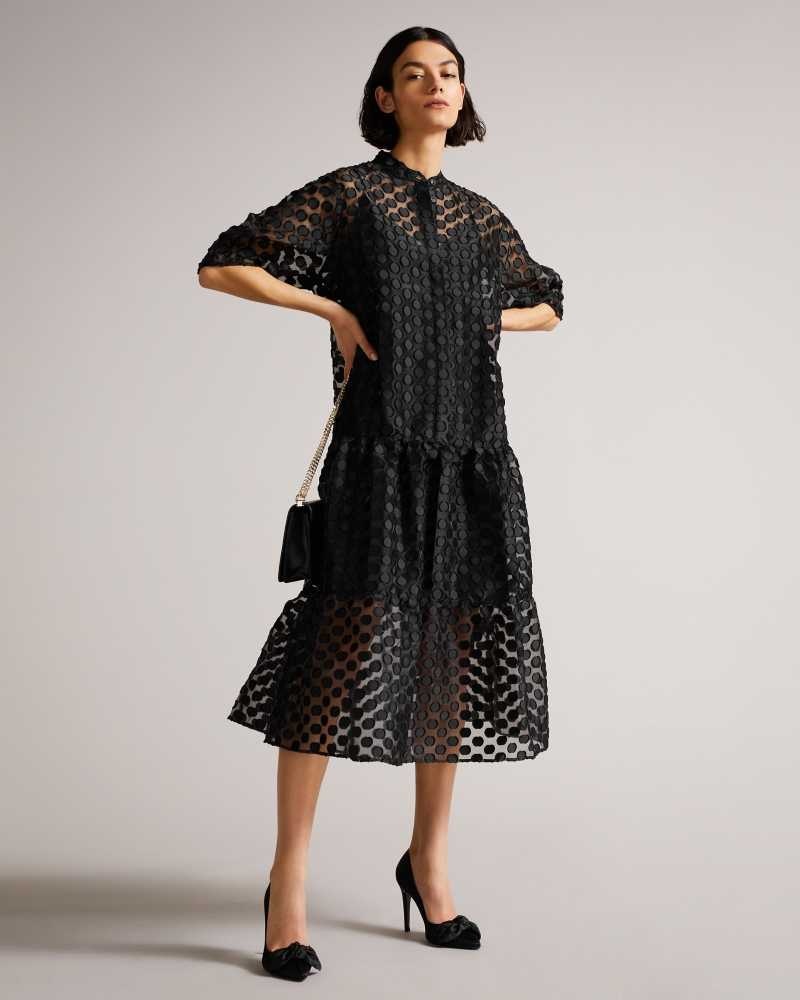 Black Ted Baker Nelanie Oversized Shirt Dress with Puff Sleeve | ZA0000133