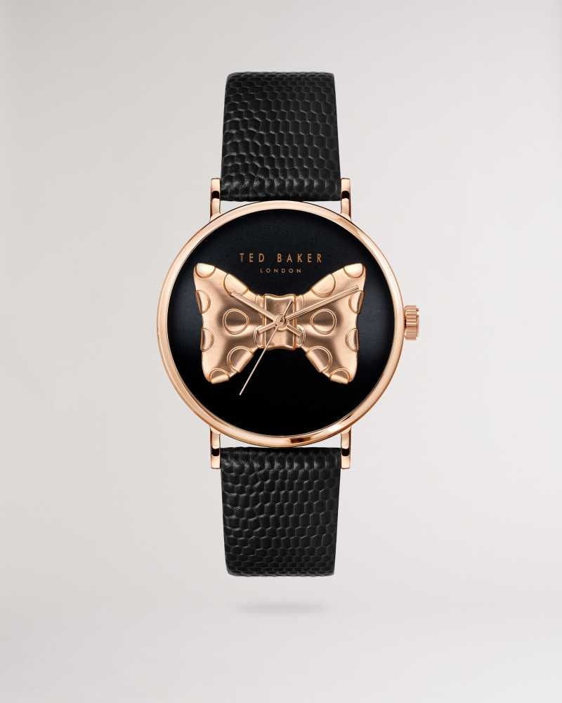 Black Ted Baker Nortia Bow Dial Leather Strap Watch | ZA0002200