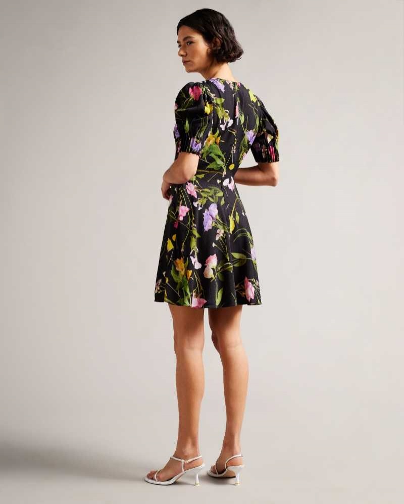 Black Ted Baker Opallie Mini Puff Sleeve Tea Dress | ZA0000160