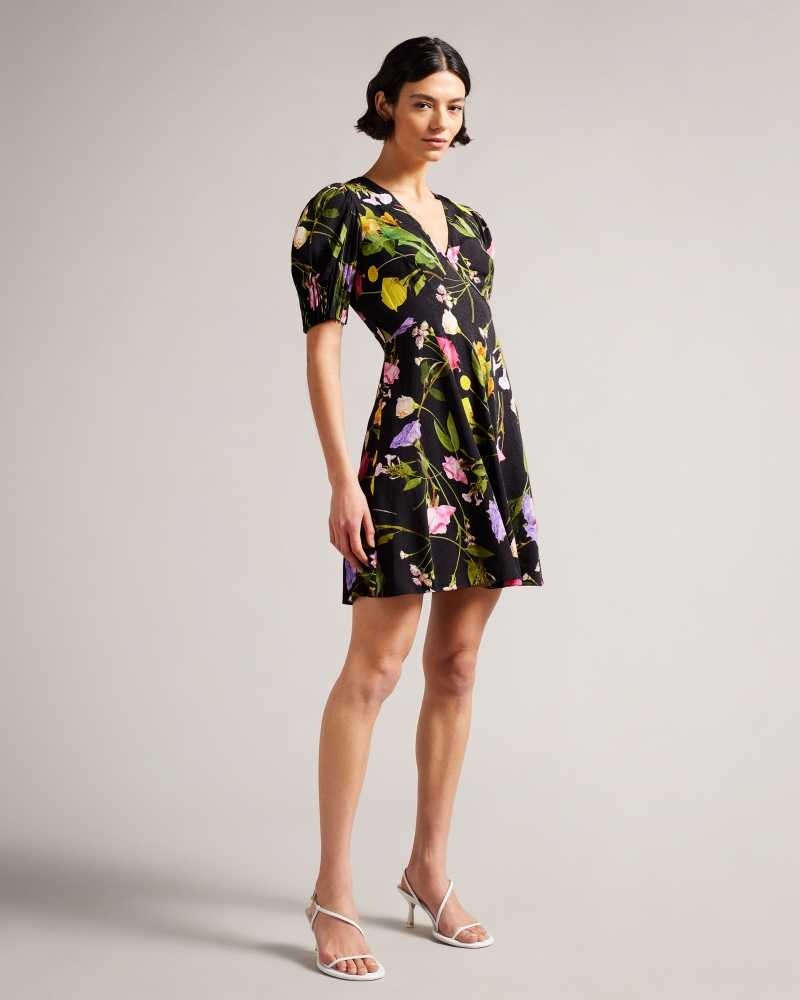 Black Ted Baker Opallie Mini Puff Sleeve Tea Dress | ZA0000160