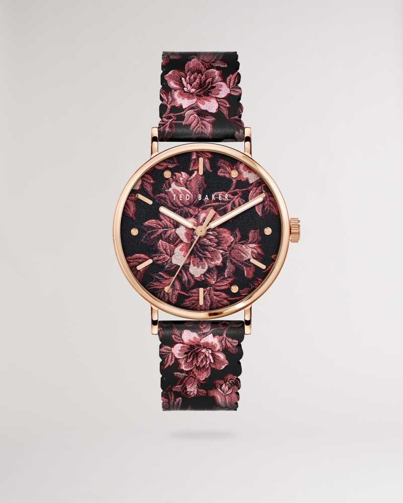 Black Ted Baker Phylli Glitched Floral Printed Watch | ZA0002174