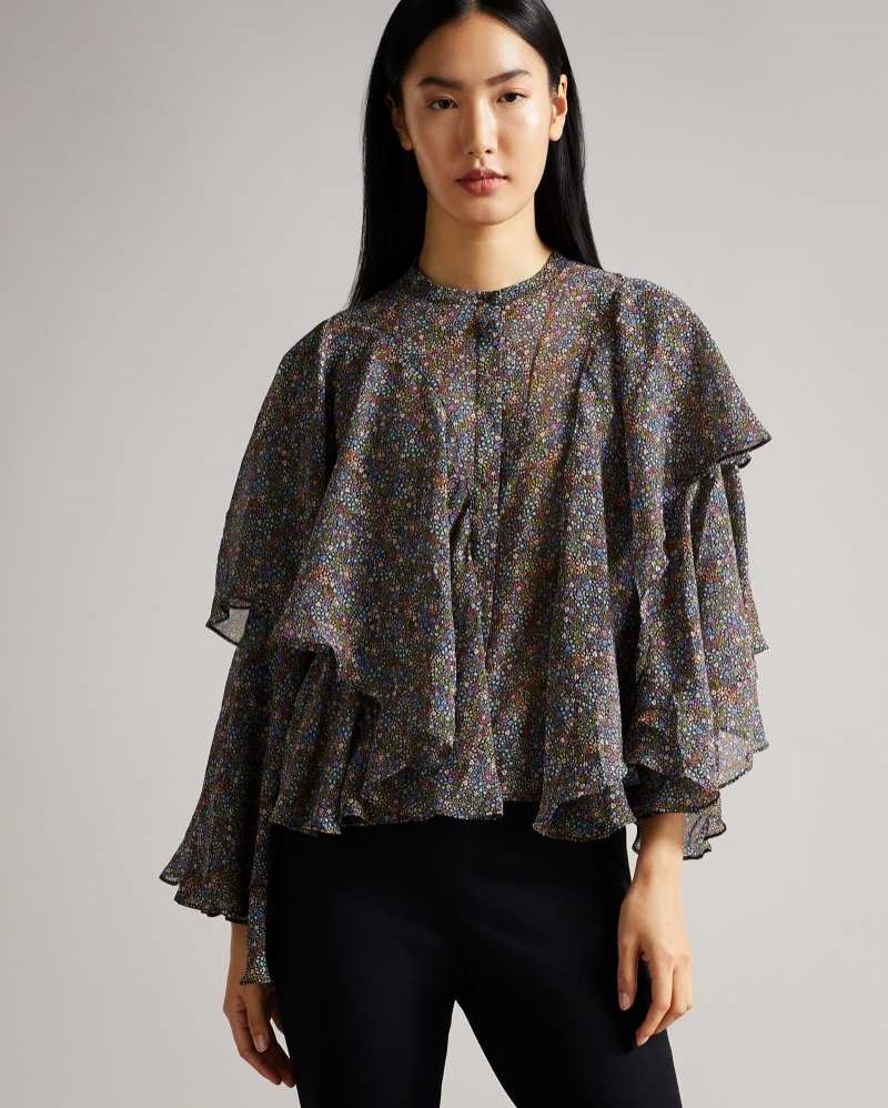 Black Ted Baker Pinku Retro Flood Printed Ruffle Blouse | ZA0001444