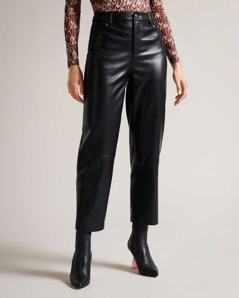 Black Ted Baker Plaider Straight Leg Faux Leather Trousers | ZA0001458