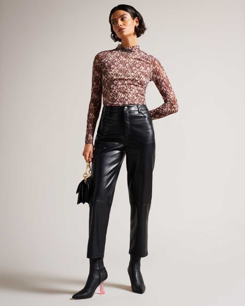 Black Ted Baker Plaider Straight Leg Faux Leather Trousers | ZA0001458