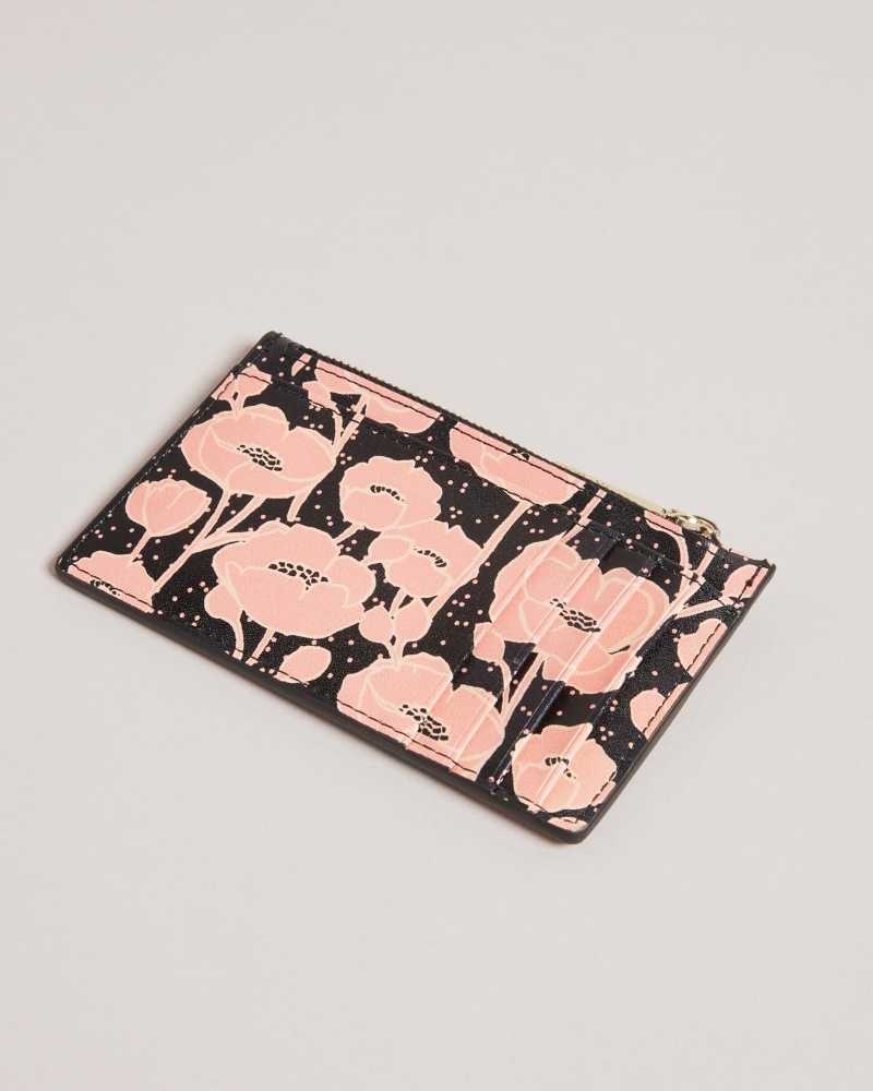 Black Ted Baker Poppsi Floral Printed Zip Card Holder | ZA0000356