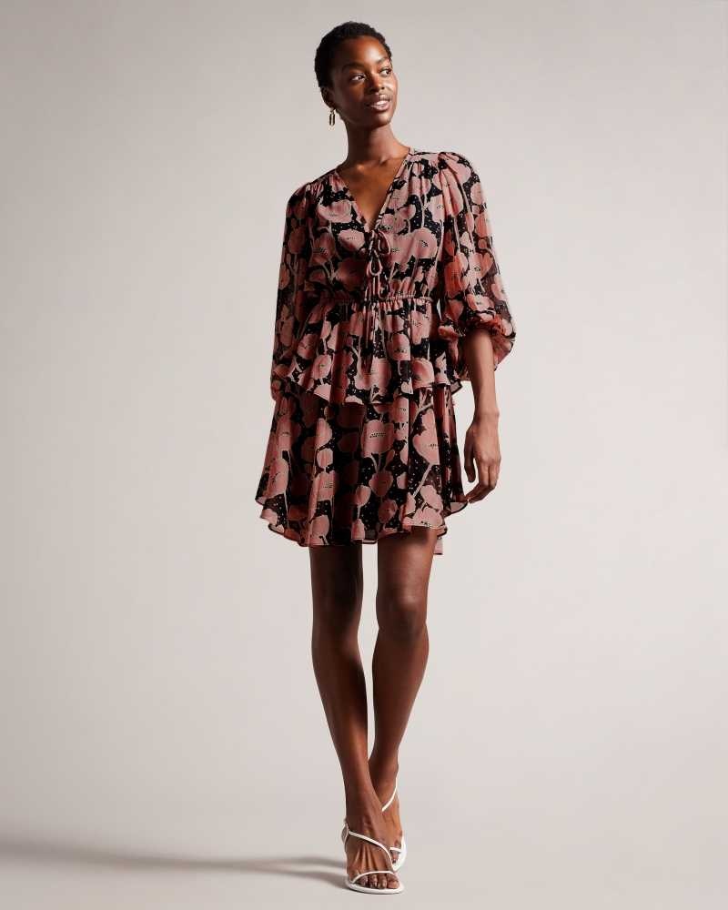 Black Ted Baker Priana Poppy Print Tie Front Mini Dress | ZA0000212