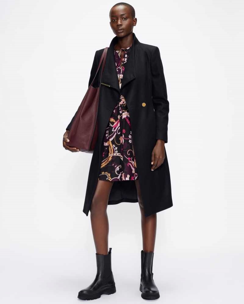 Black Ted Baker Rose Wool Wrap Coat | ZA0000578