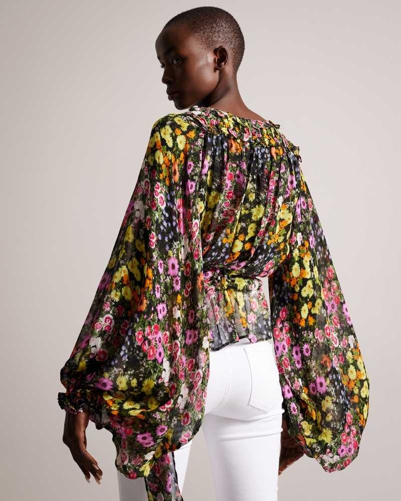 Black Ted Baker Saskiha Floral Blouse With Waist Tie | ZA0001405