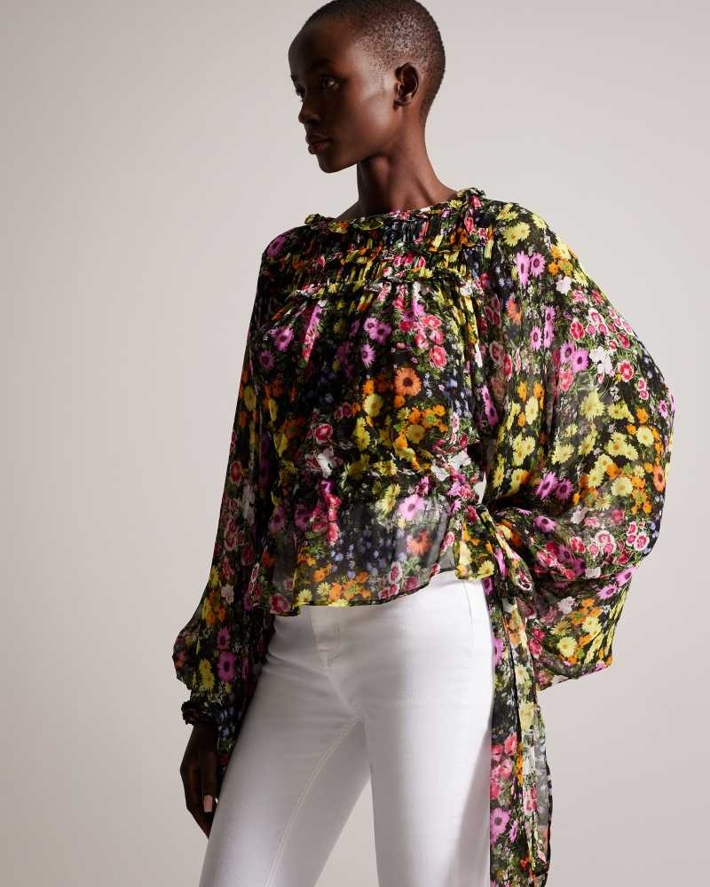 Black Ted Baker Saskiha Floral Blouse With Waist Tie | ZA0001405