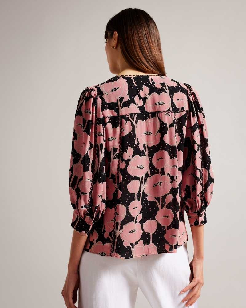 Black Ted Baker Stephii V Neck Poppy Print Blouse | ZA0001442