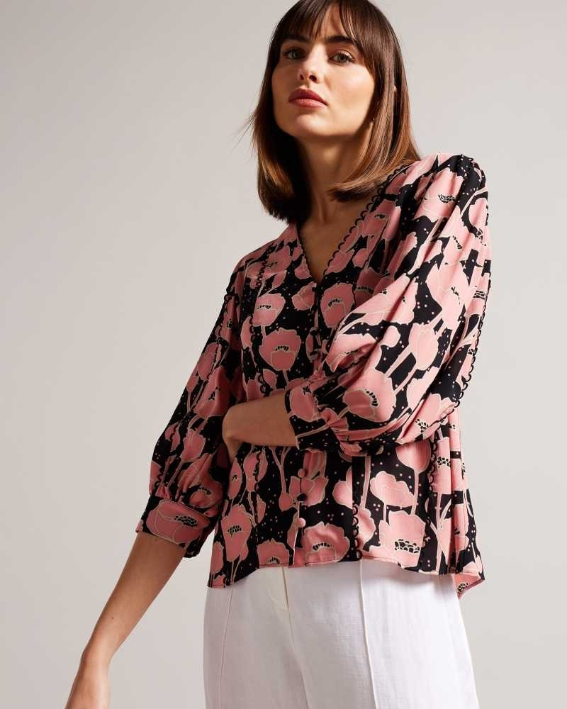 Black Ted Baker Stephii V Neck Poppy Print Blouse | ZA0001442