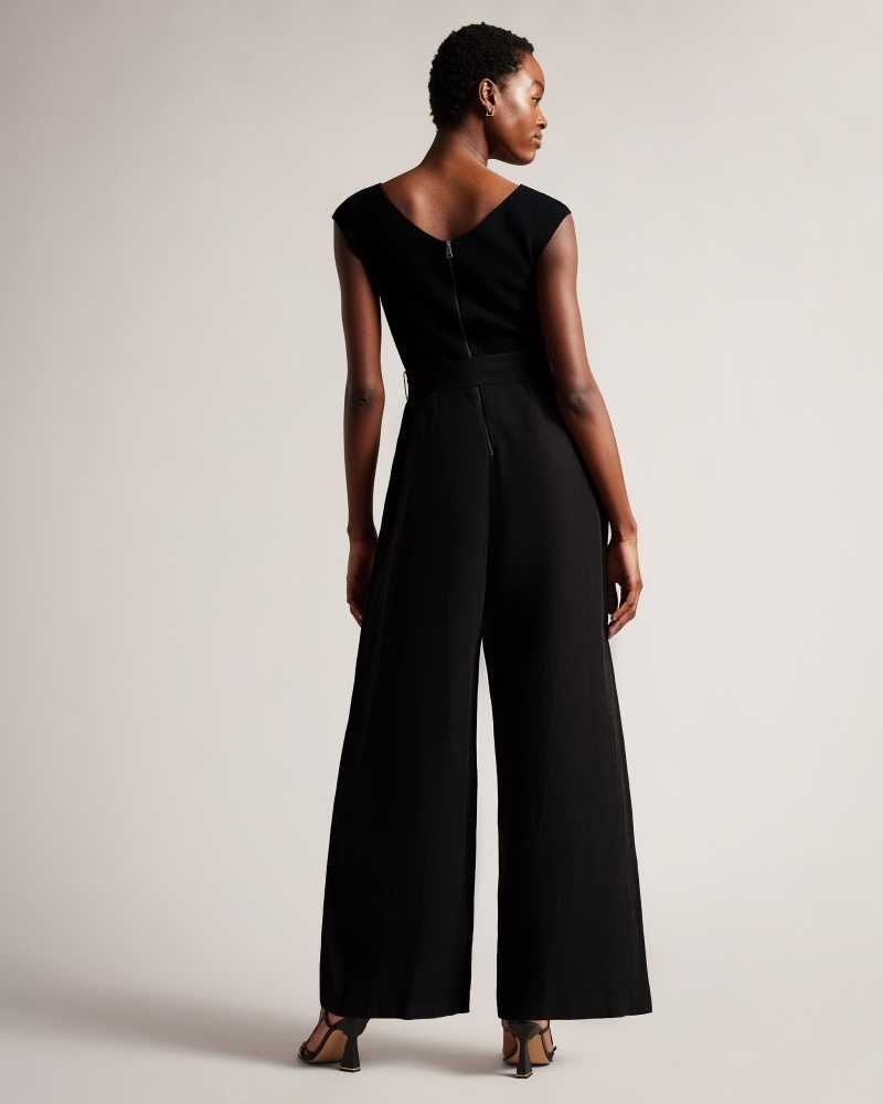 Black Ted Baker Tabbiaa Knitted Bodice Wide Leg Jumpsuit | ZA0001544