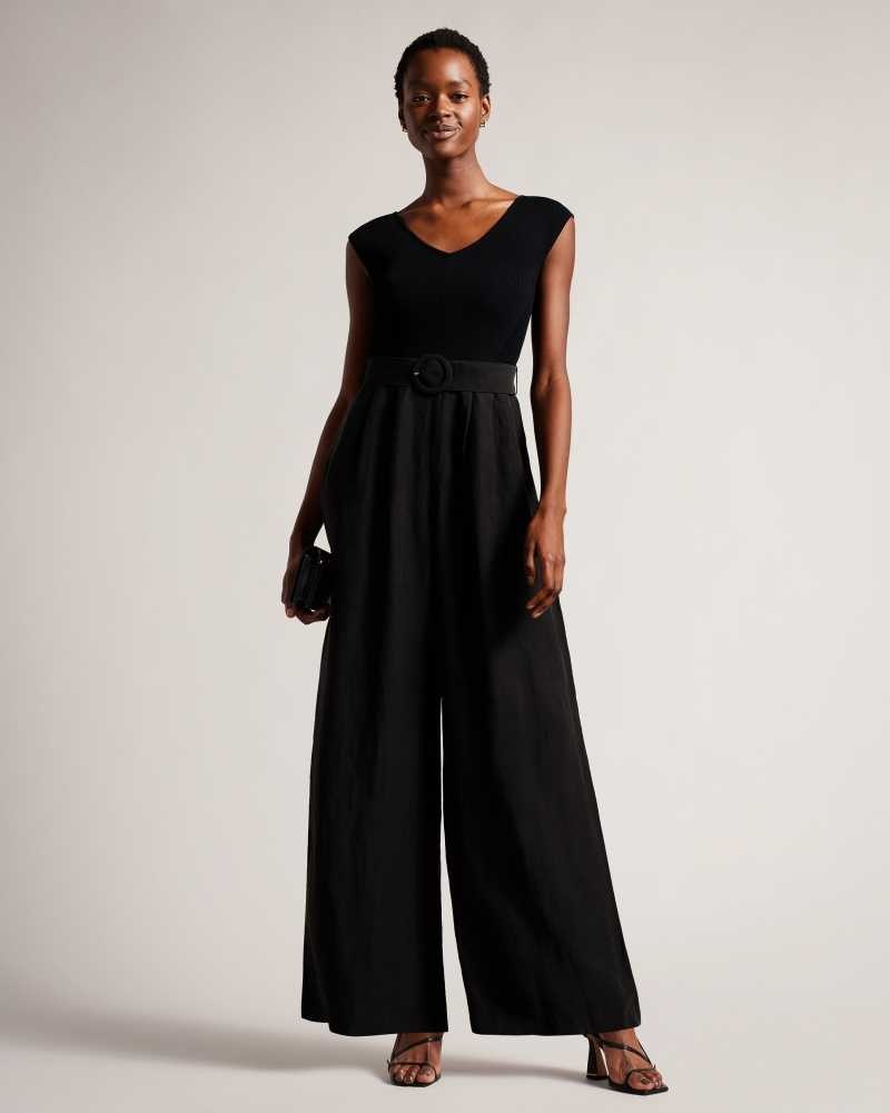 Black Ted Baker Tabbiaa Knitted Bodice Wide Leg Jumpsuit | ZA0001544