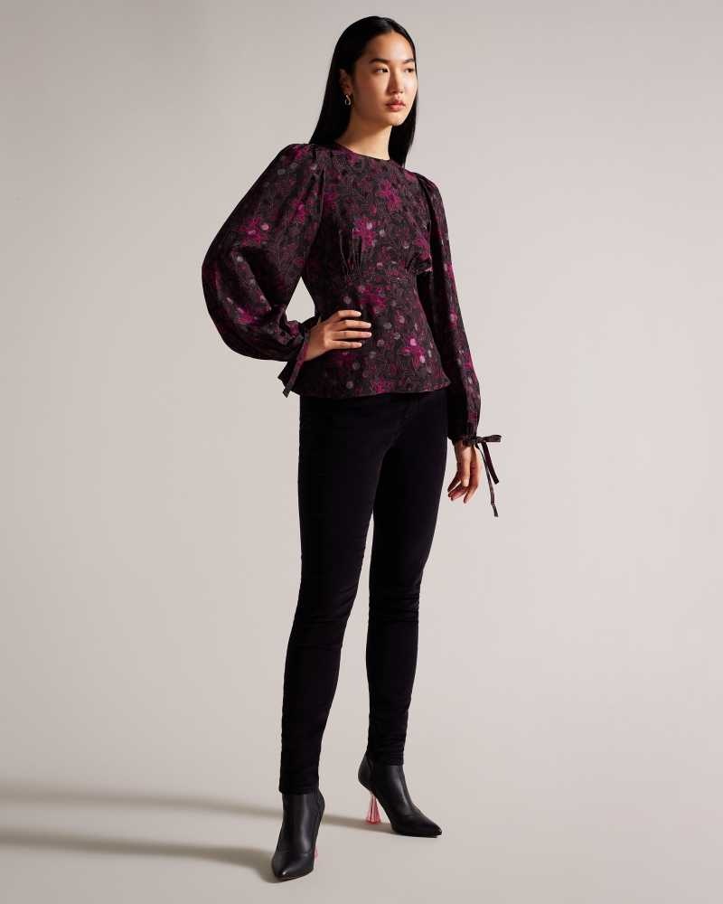 Black Ted Baker Terre Printed Peplum Top With Cuffed Sleeves | ZA0001319