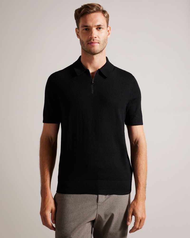 Black Ted Baker Tohall Short Sleeve Merino Wool Zip Polo Shirt | ZA0000903