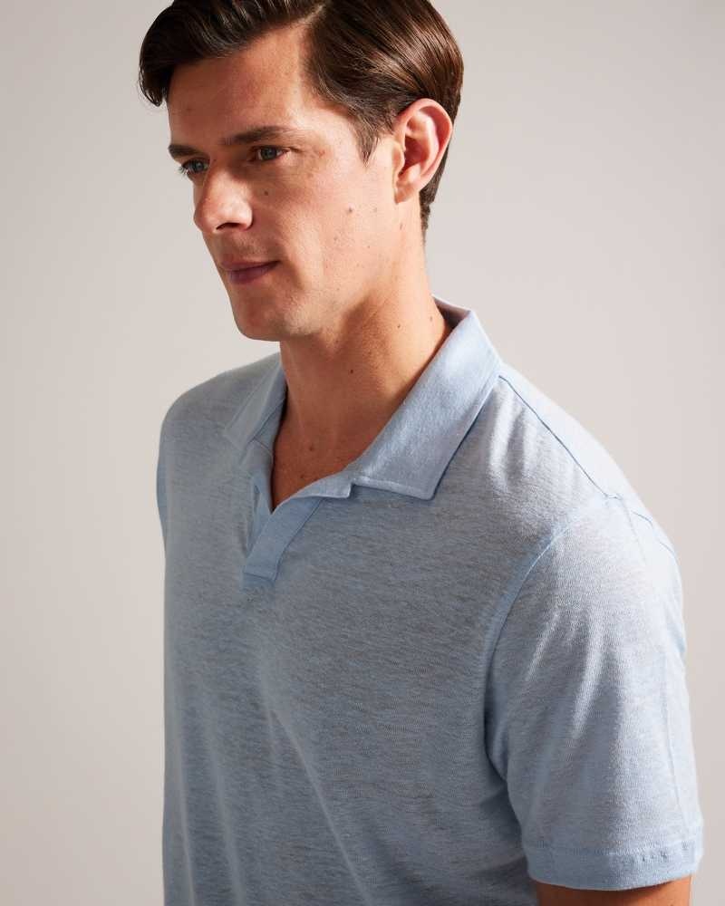 Blue Ted Baker Lingpo Short Sleeve Linen Open Neck Polo Shirt | ZA0000921