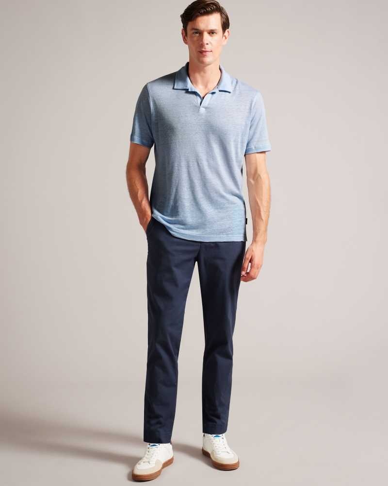 Blue Ted Baker Lingpo Short Sleeve Linen Open Neck Polo Shirt | ZA0000921