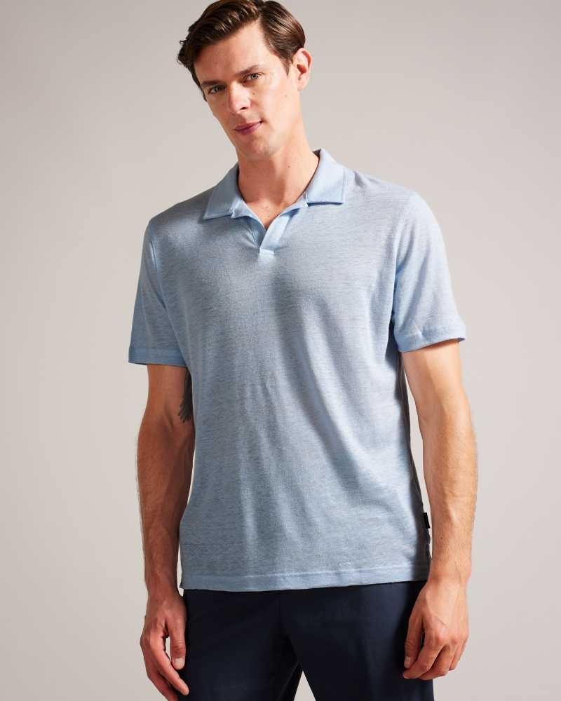 Blue Ted Baker Lingpo Short Sleeve Linen Open Neck Polo Shirt | ZA0000921