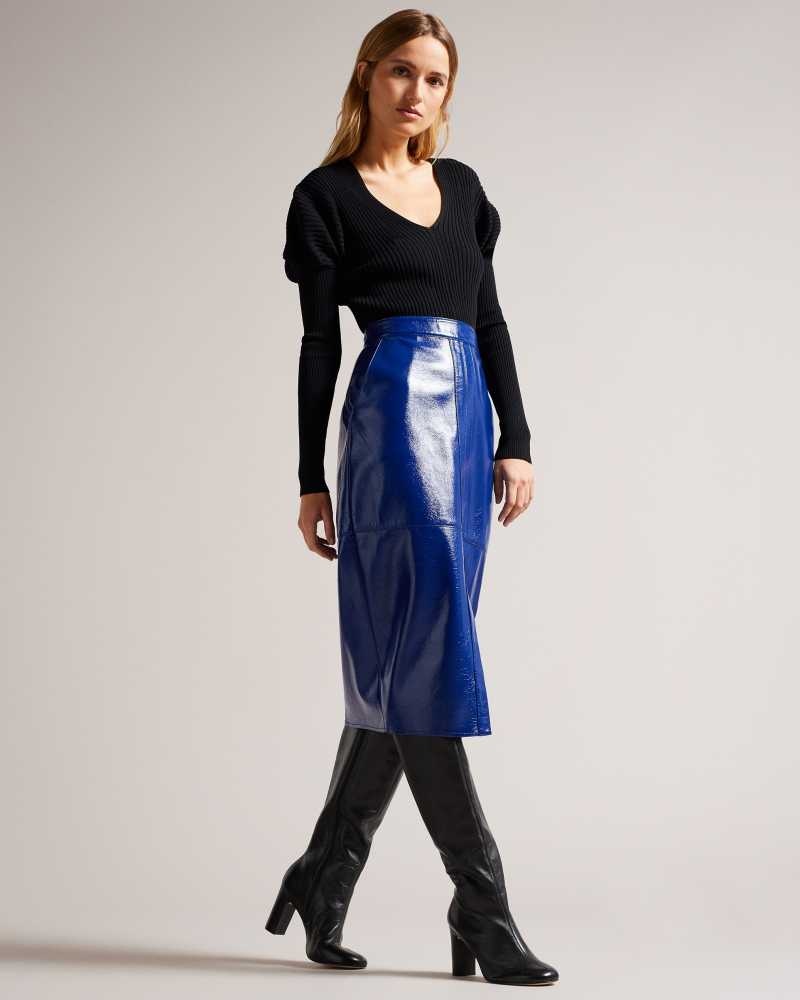 Blue Ted Baker Vinell Panelled Vinyl Pencil Skirt | ZA0001081