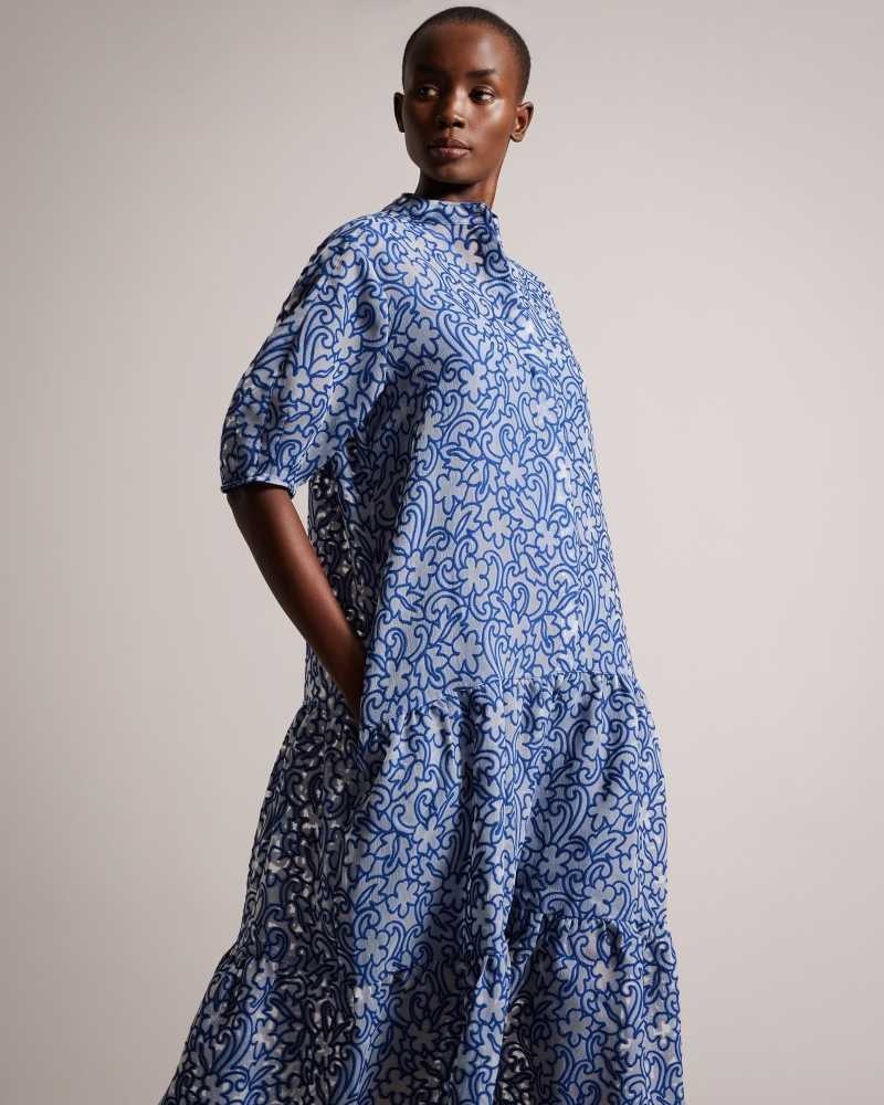 Bright Blue Ted Baker Camriyn Oversized Shirt Dress with Puff Sleeve | ZA0000182