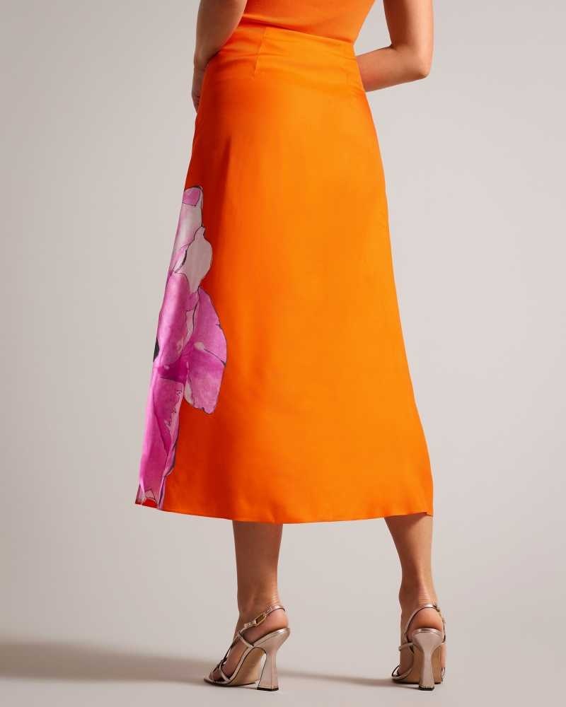 Bright Orange Ted Baker Bethhie Floral Asymmetric Twist Slip Skirt | ZA0001079