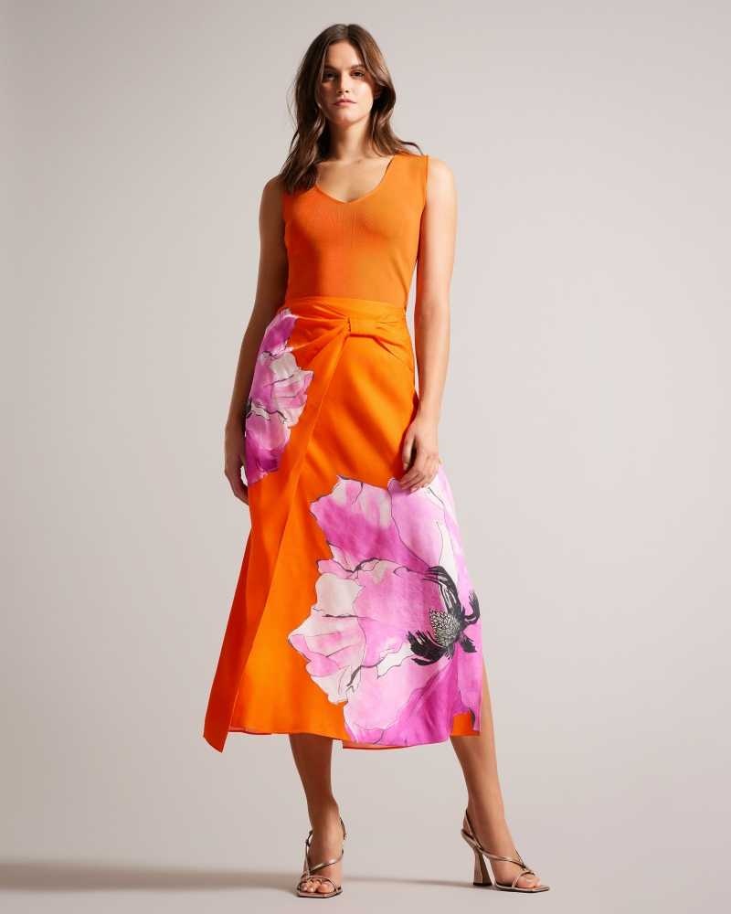 Bright Orange Ted Baker Bethhie Floral Asymmetric Twist Slip Skirt | ZA0001079