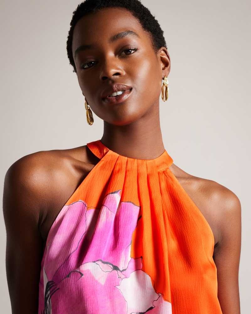 Bright Orange Ted Baker Milenaa Pleated Floral Halter Neck Top | ZA0001299