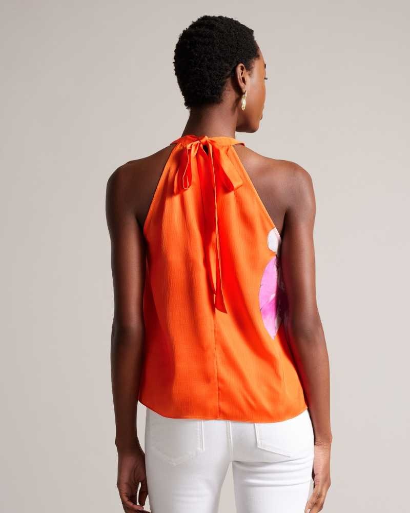 Bright Orange Ted Baker Milenaa Pleated Floral Halter Neck Top | ZA0001299