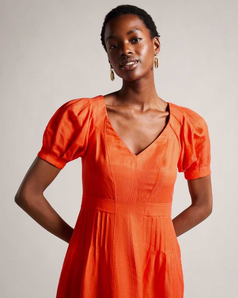 Bright Orange Ted Baker Opalz Fit And Flare Puff Sleeve Midi Dress | ZA0000180