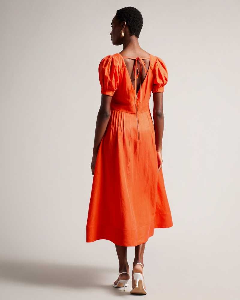 Bright Orange Ted Baker Opalz Fit And Flare Puff Sleeve Midi Dress | ZA0000180