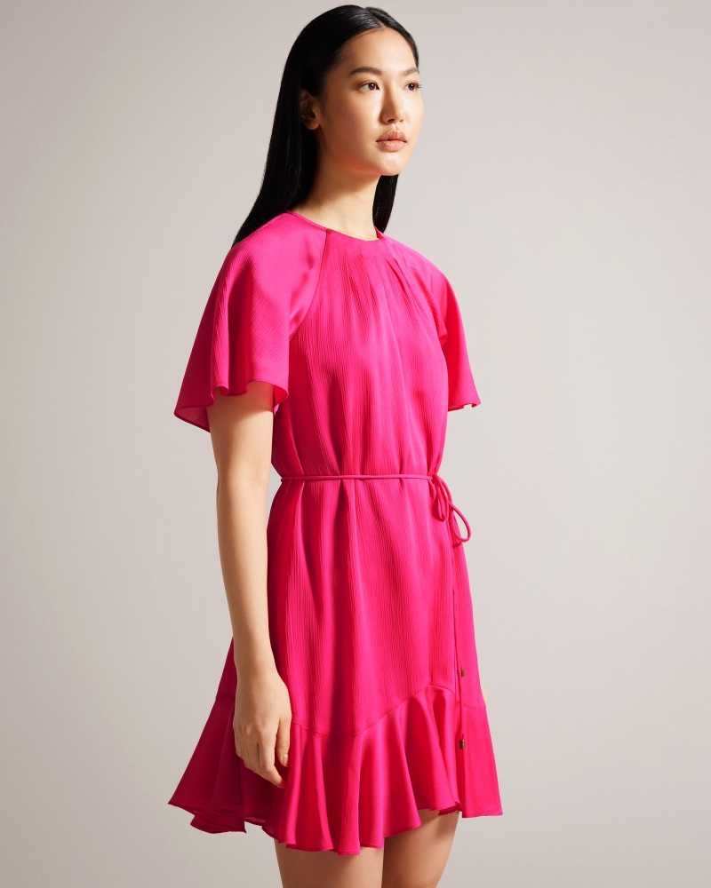 Bright Pink Ted Baker Elsieee Fluted Hem Mini Skater Dress | ZA0000172