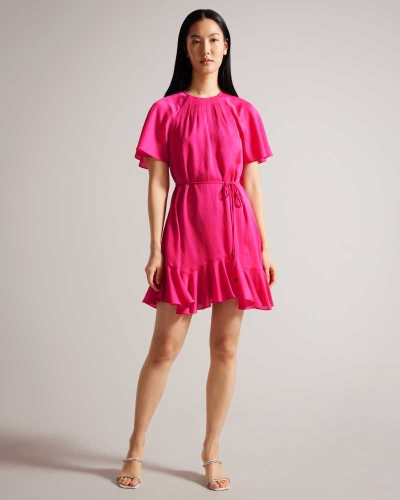 Bright Pink Ted Baker Elsieee Fluted Hem Mini Skater Dress | ZA0000172