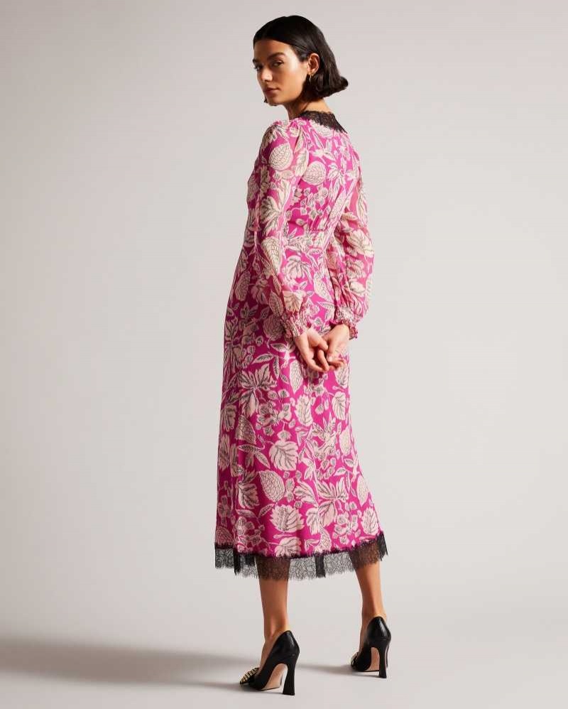 Bright Pink Ted Baker Izobele Long Sleeve Midi Dress With Lace Trim | ZA0000264