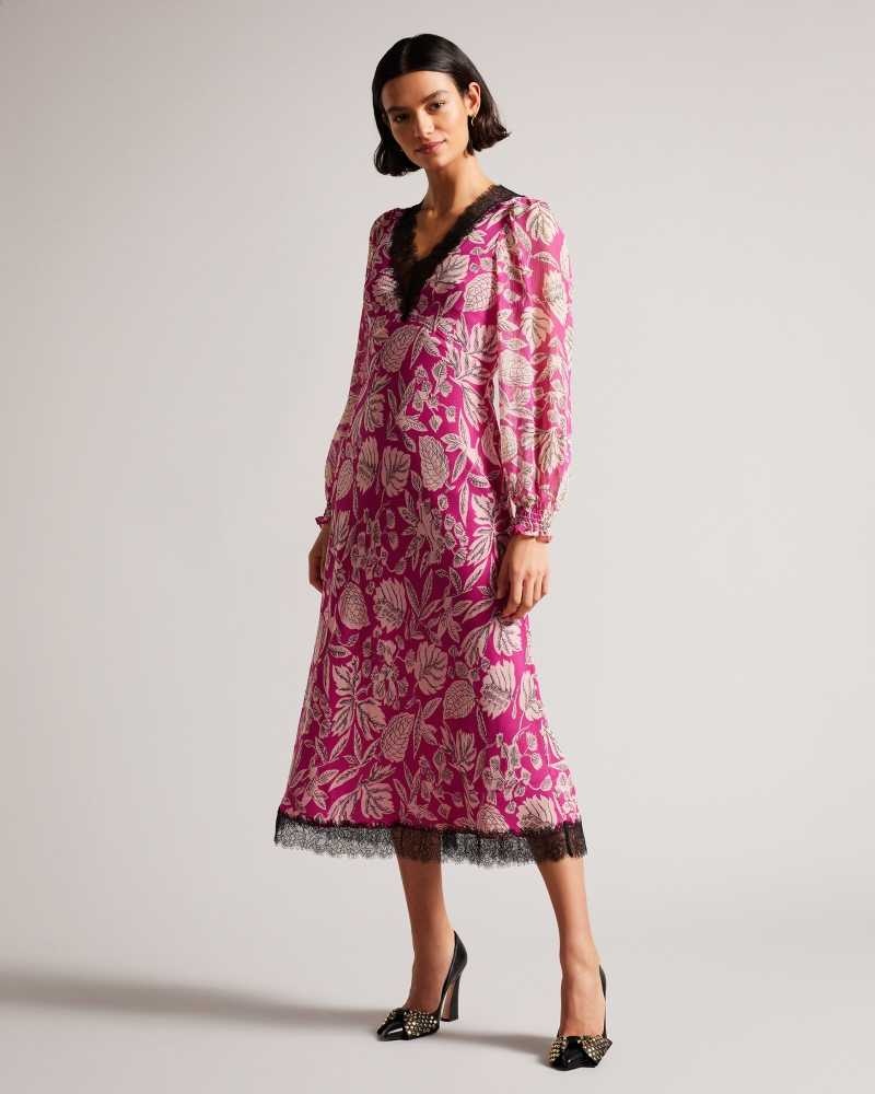 Bright Pink Ted Baker Izobele Long Sleeve Midi Dress With Lace Trim | ZA0000264