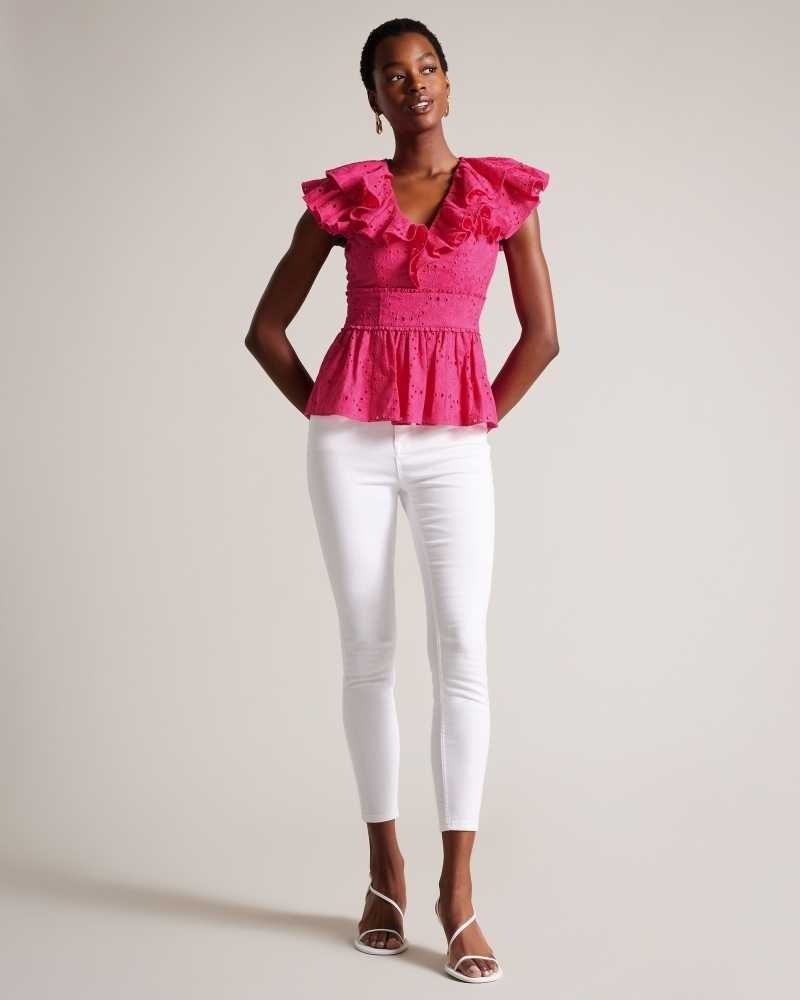 Bright Pink Ted Baker Mazieh Broderie Peplum Top | ZA0001304