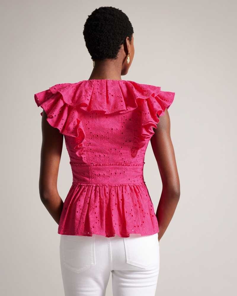 Bright Pink Ted Baker Mazieh Broderie Peplum Top | ZA0001304