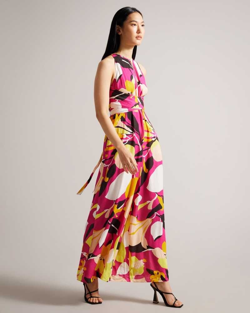 Bright Pink Ted Baker Molliah Abstract Print Jumpsuit With Wrap Bodice | ZA0001457