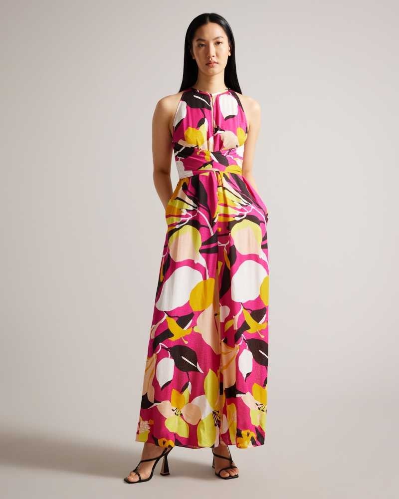 Bright Pink Ted Baker Molliah Abstract Print Jumpsuit With Wrap Bodice | ZA0001457