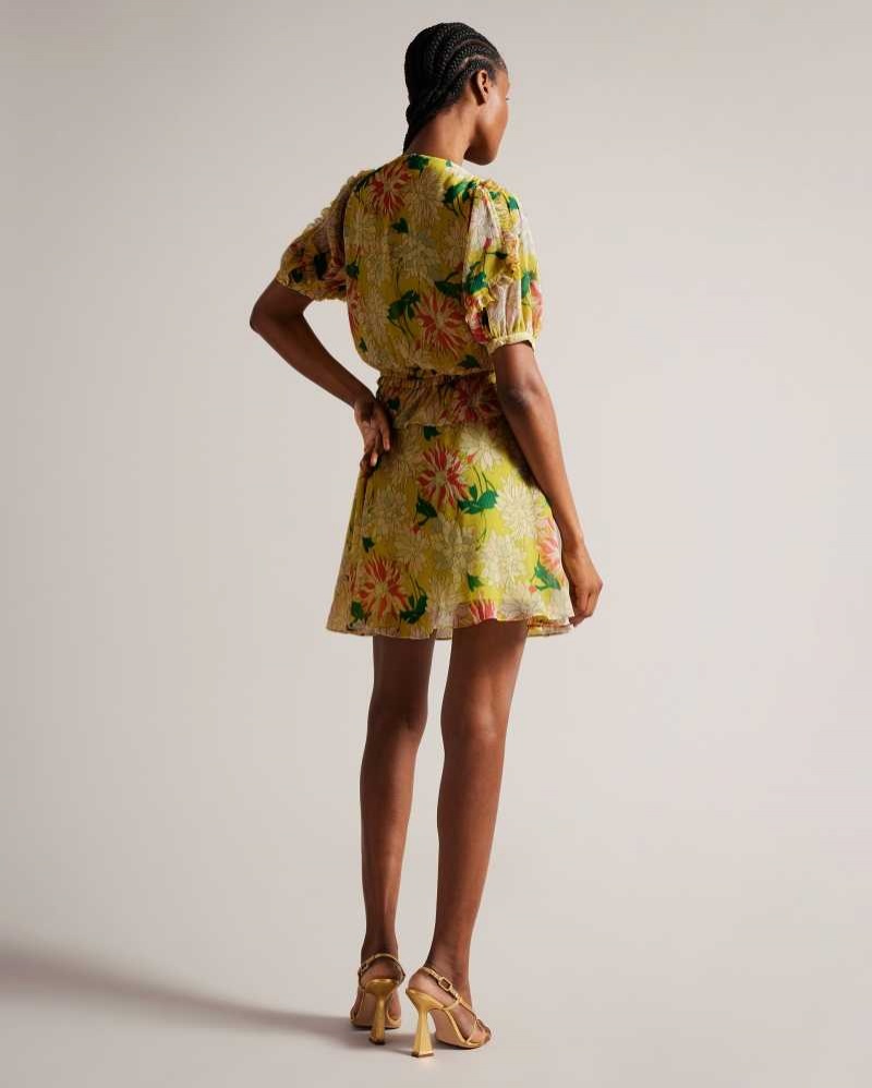 Bright Yellow Ted Baker Isbella V Neck Peplum Waist Mini Dress | ZA0000210